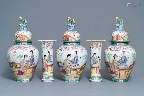 A Bayeux famille rose-style five-piece chinoiserie garniture, France, 19th C.