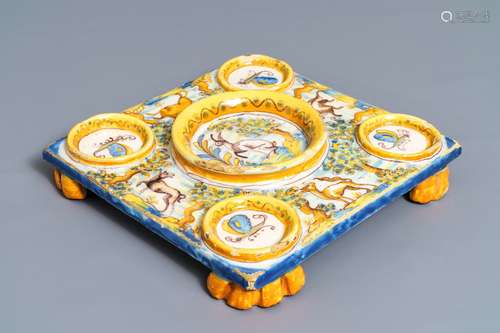 A polychrome Spanish pottery condiment tray, Talavera, 18th C.