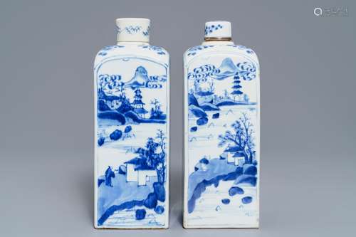 Two Chinese blue and white square tea caddies and covers, Kangxi