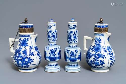 A pair of Chinese blue and white vases and a pair of jugs, Kangxi