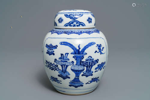 A Chinese blue and white jar and cover with antiquities design, Kangxi