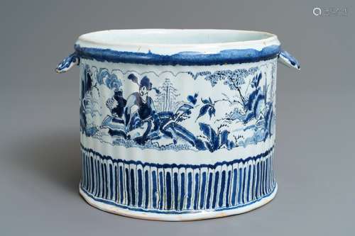 A French faience chinoiserie cooler in blue, white and manganese, Nevers, 17/18th C.