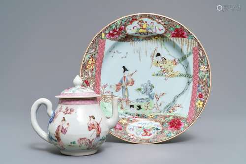 A fine Chinese famille rose teapot and a 'Romance of the Western Chamber' plate, Yongzheng/Qianlong