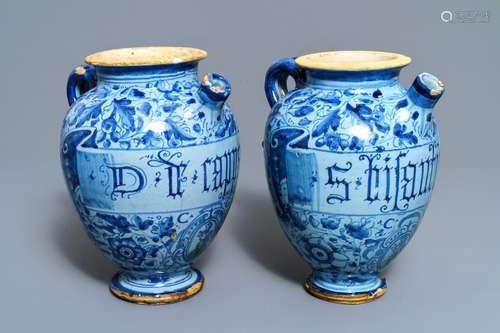 A pair of Italian maiolica berettino-ground wet drug jars, Venice or Rome, dated 1592