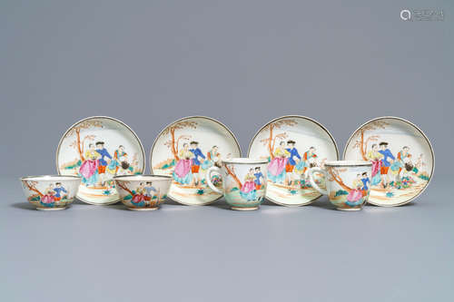 Four fine Chinese famille rose 'European subject' cups and saucers, Qianlong