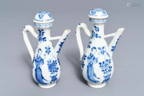 A pair of Chinese blue and white 'Long Eliza' jugs and covers, Kangxi