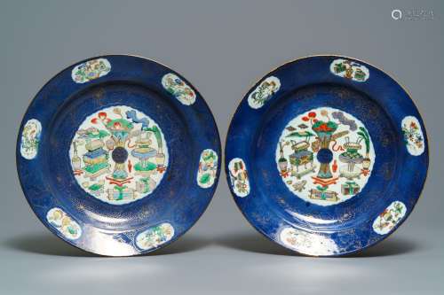 A pair of large Chinese famille verte powder blue-ground dishes, ex-coll. August the Strong, Kangxi