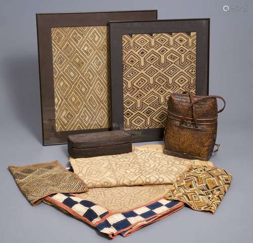 A collection of African textiles and two baskets, mostly Kuba, Congo, 19/20th C.