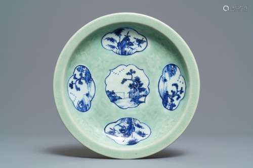 A Chinese celadon-ground dish with blue and white landscape medallions, 18/19th C.