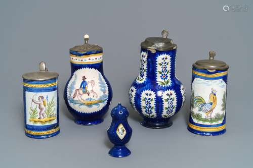 Four pewter-mounted Brussels faience jugs and a shaker, 18/19th C.