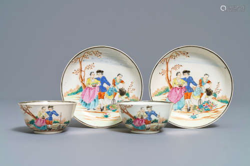 Two fine Chinese famille rose 'European subject' cups and saucers, Qianlong