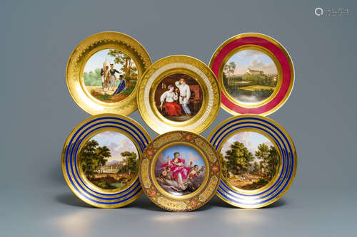 Six gilt porcelain plates, various origins, 18/19th C.