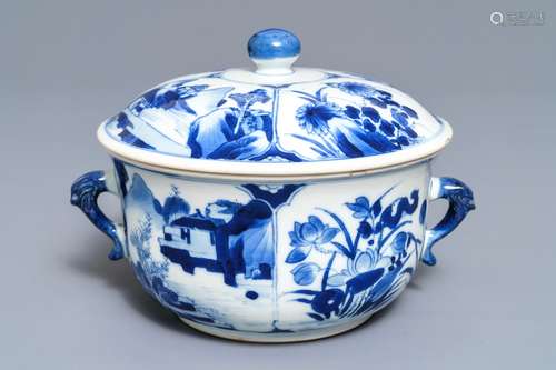 A Chinese blue and white two-handled porringer and cover, Kangxi