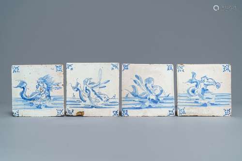 Four Delft blue and white 'seacreature' tiles, Ghent, late 17th C.