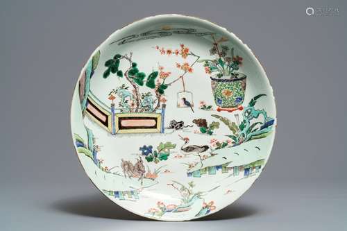 A Chinese famille verte dish with a cat, two birds and a deer, Kangxi