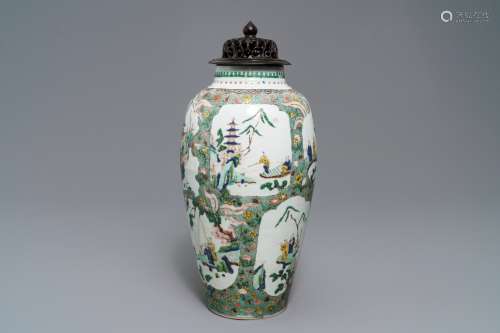 A Chinese famille verte vase with landscape medallions, Kangxi