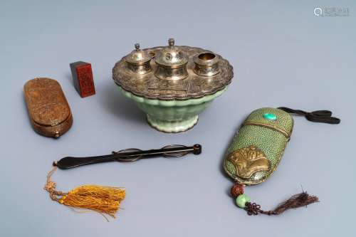 A Chinese celadon bowl with silver inkwell mount, two spectacle cases, a horn seal and a lorgnette, 19/20th C.