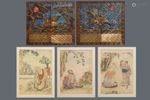 Three Chinese paintings on textile and a pair of rank badges with cranes, 19th C.