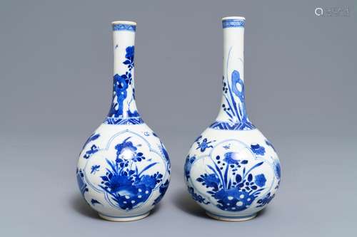 A pair of Chinese blue and white bottle vases, Kangxi