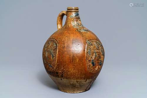 A large German stoneware Bellarmine jug with blue marriage seals, Frechen, 1st half 17th C.