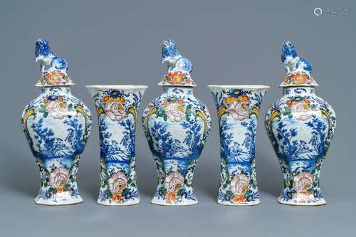 A polychrome Dutch Delft five-piece garniture with romantic design, 18th C.