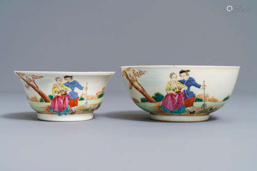 Two fine Chinese famille rose 'European subject' bowls, Qianlong