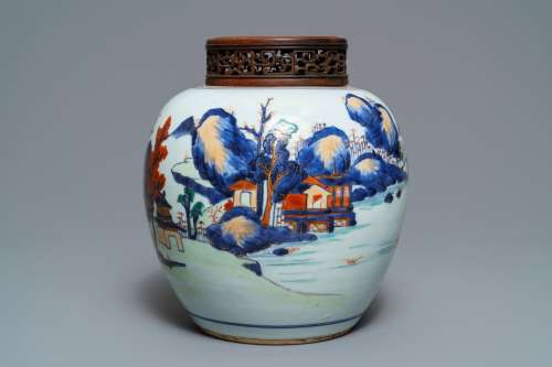 A Chinese Imari-style landscape jar, Kangxi