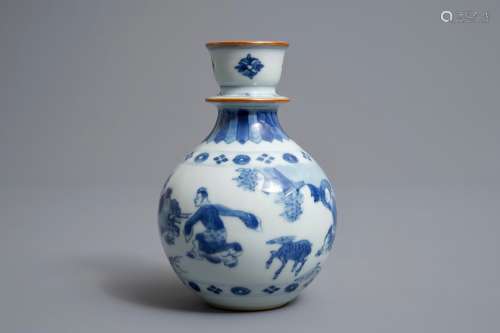 A Chinese blue and white figurative huqqa base, Kangxi