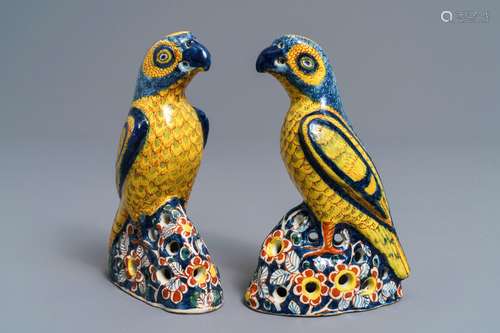 A pair of polychrome Dutch Delft models of parrots, 18th C.