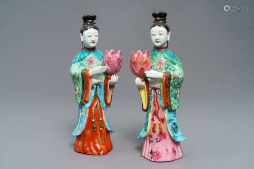 Two Chinese famille rose candle holders modelled as court ladies, Qianlong
