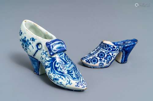 Two Dutch Delft blue and white models of slippers, one dated 1708, 18th C.