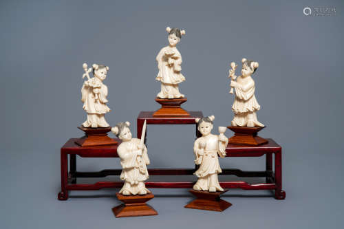 Five Chinese ivory figures of girls with flowers and attributes, ca. 1920