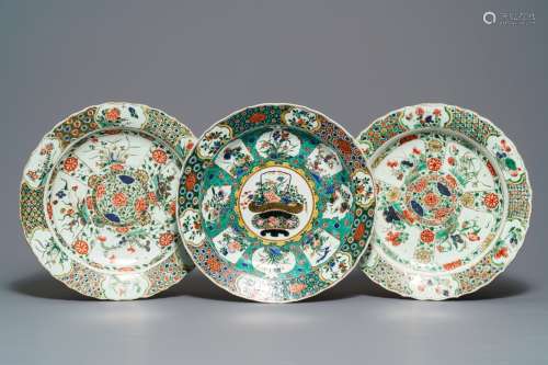 Three Chinese famille verte dishes with floral designs, Kangxi