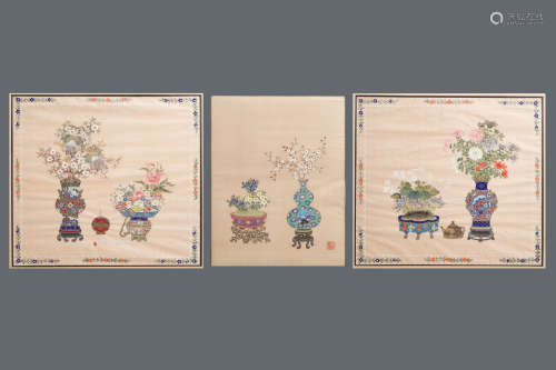 Three Chinese silk paintings: 'Antiquities with flowers', 19th C.