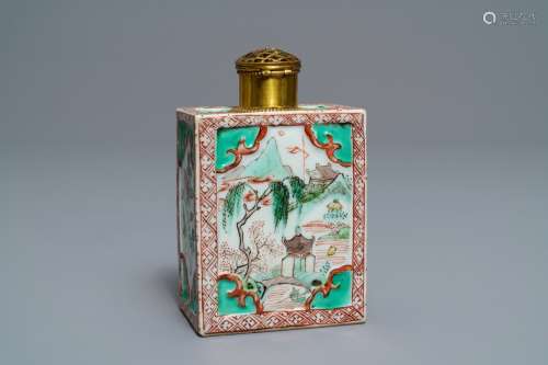 A Chinese famille verte relief-decorated tea caddy, Kangxi