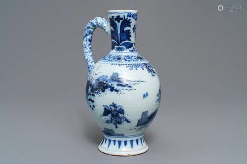 A large Dutch Delft blue and white chinoiserie jug, late 17th C.