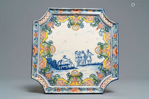 A Dutch Delft polychrome mixed technique plaque with figures in a landscape, 18th C.