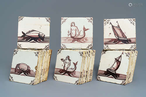 Thirty-three Dutch Delft manganese tiles with seacreatures and ships, 18/19th C.