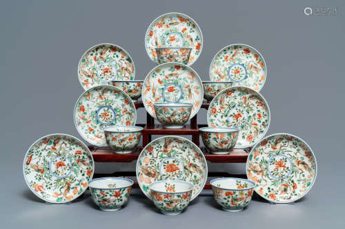 Nine Chinese famille verte cups and saucers, Kangxi