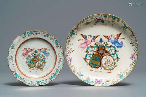 Two Chinese famille rose Dutch market armorial plates, arms of Rijzik and Schippers accolé, Qianlong