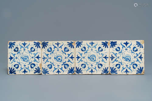 Four Dutch Delft blue and white 'snail' tiles, 1st half 17th C.