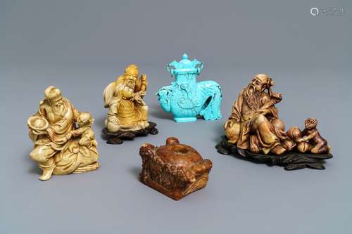 Five Chinese soapstone and turquoise carvings, 19/20th C.