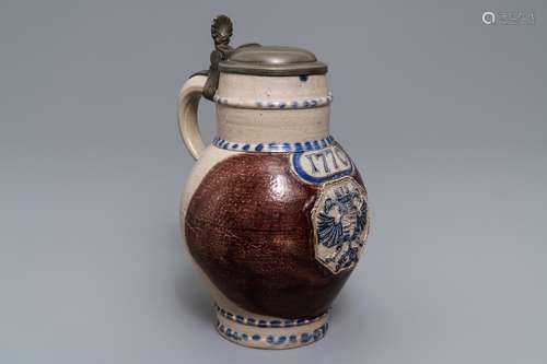 A pewter-mounted Westerwald stoneware 'Double Eagle' jug, Germany, dated 1770