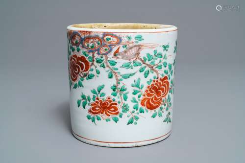 A large Chinese wucai 'birds and peonies' brush pot, Transitional period