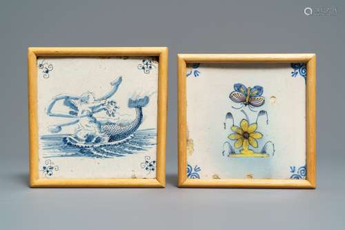 Two polychrome and blue and white Dutch Delft tiles, 17th C.