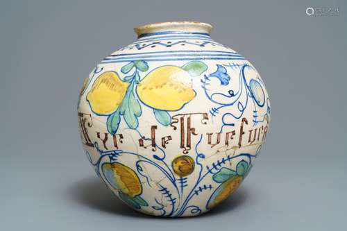 A large Italian maiolica 'vaso a palla' type drug jar, Venice, 17th C.