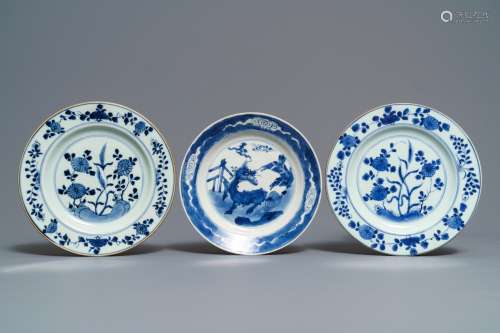 Three Chinese blue and white plates with Johanneum mark, ex-coll. August the Strong, Kangxi