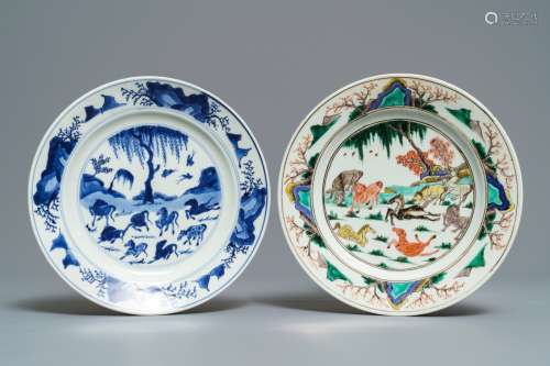 Two Chinese blue and white and famille verte 'Eight horses of Wang Mu' plates, Kangxi