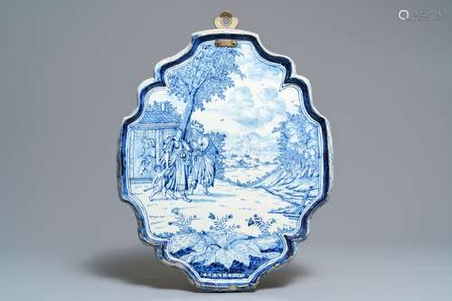 A large Dutch Delft blue and white biblical plaque, dated 1758