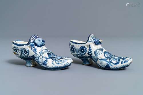 A pair of Dutch Delft blue and white models of shoes, Friesland, Bolsward, 2nd half 18th C.